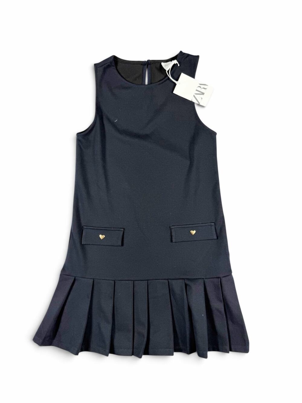NEW Zara Girls Black Pleated Hem Shift Dress Gold Hearts 13-14 Years
